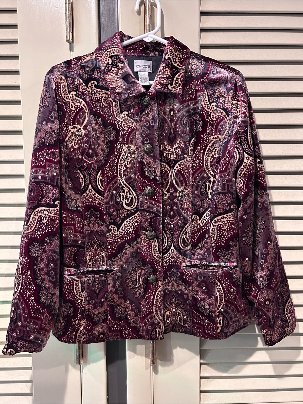 Chico's Women's Velvet Paisley Brocade Jacket in Burgundy